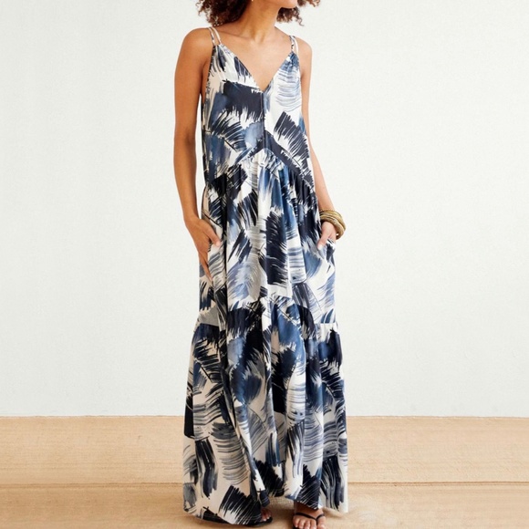 Go> by GoSilk Palm Print Silk Dress with Double Spaghetti Straps - Picture 1 of 5
